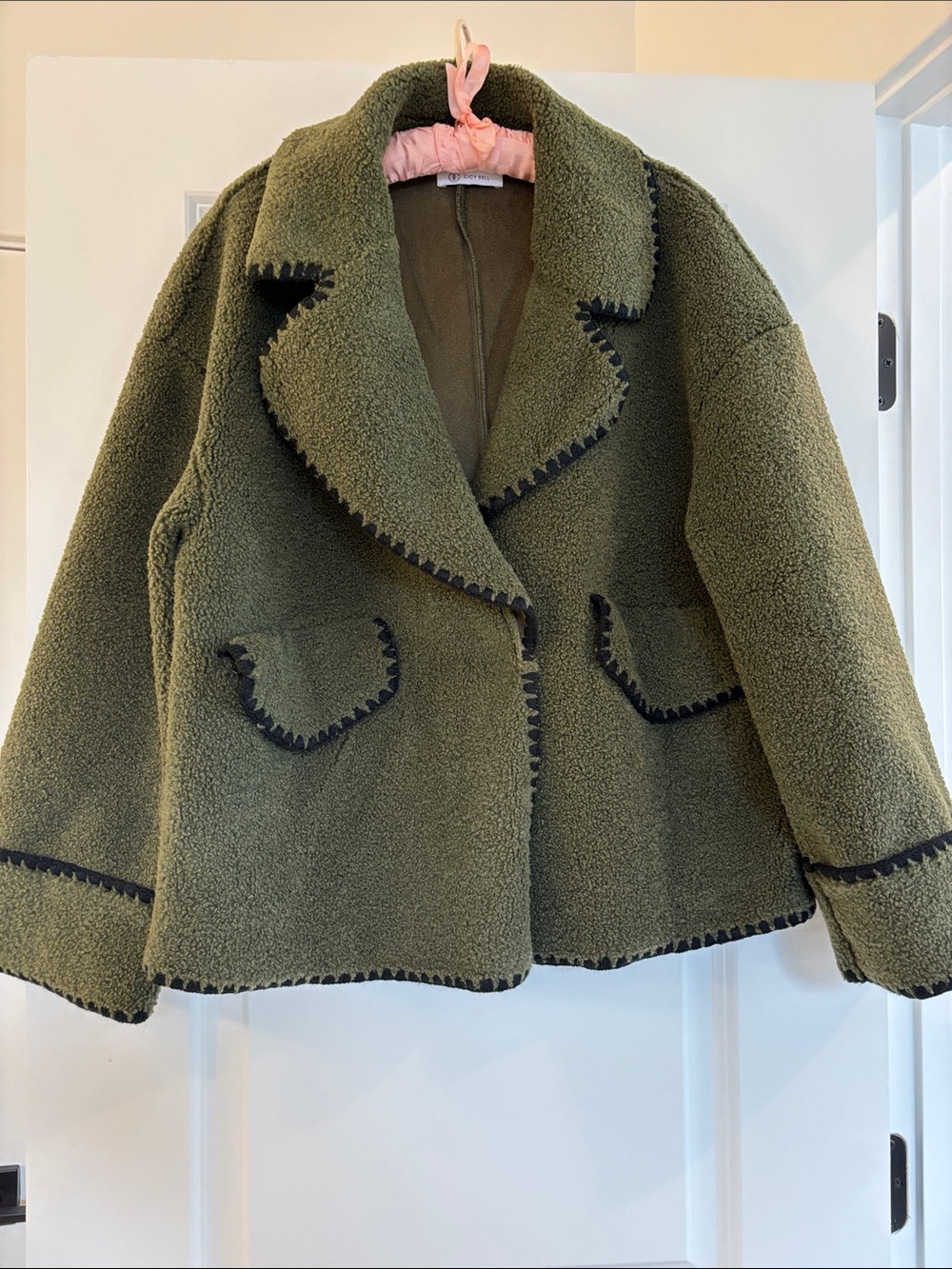 Olive Green Teddy Sherpa Jacket with Contrast Trim